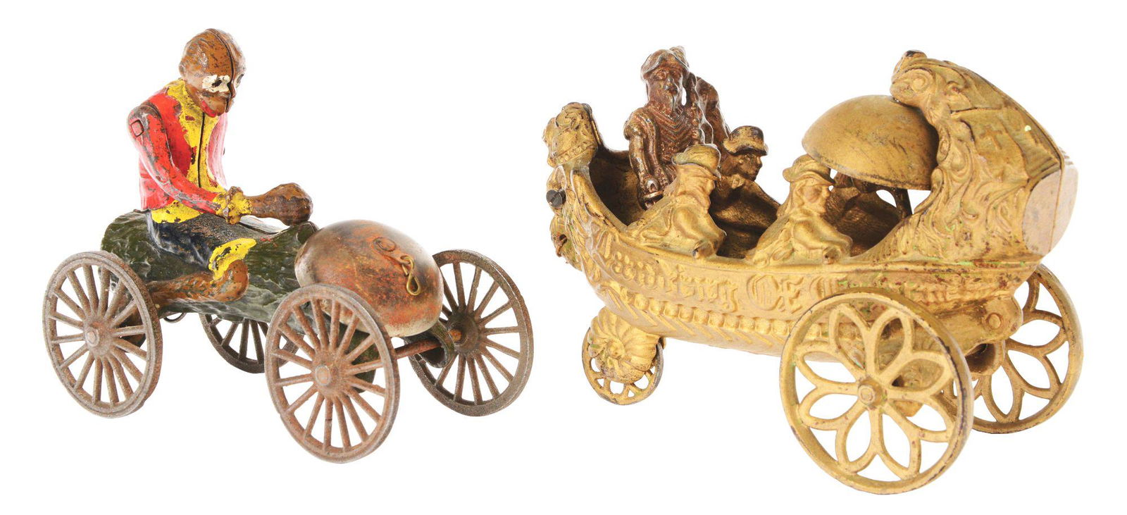 LOT OF TWO CAST IRON MONKEY AND COCONUT BELL TOY AND (1 of 3)