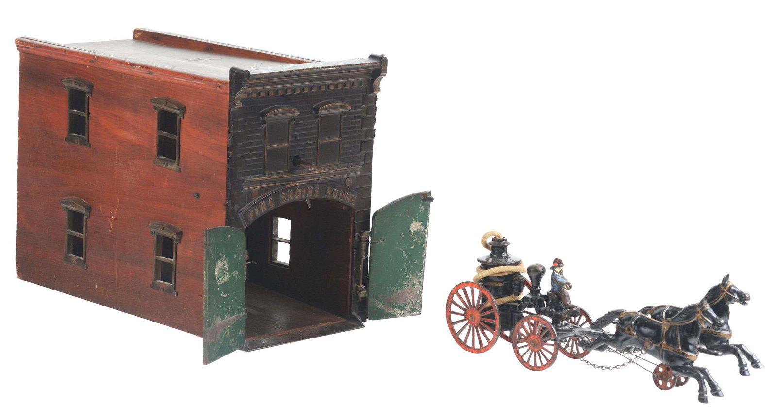 IVES CAST IRON FIREHOUSE WITH PUMPER. (1 of 4)