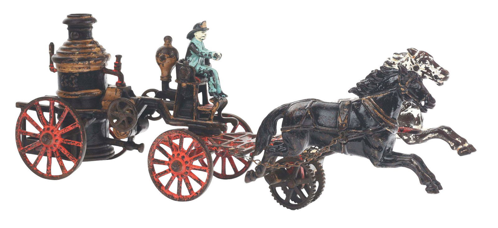 SCARCE AMERICAN MADE CAST-IRON HORSE-DRAWN FIRE PUMPER. (1 of 2)
