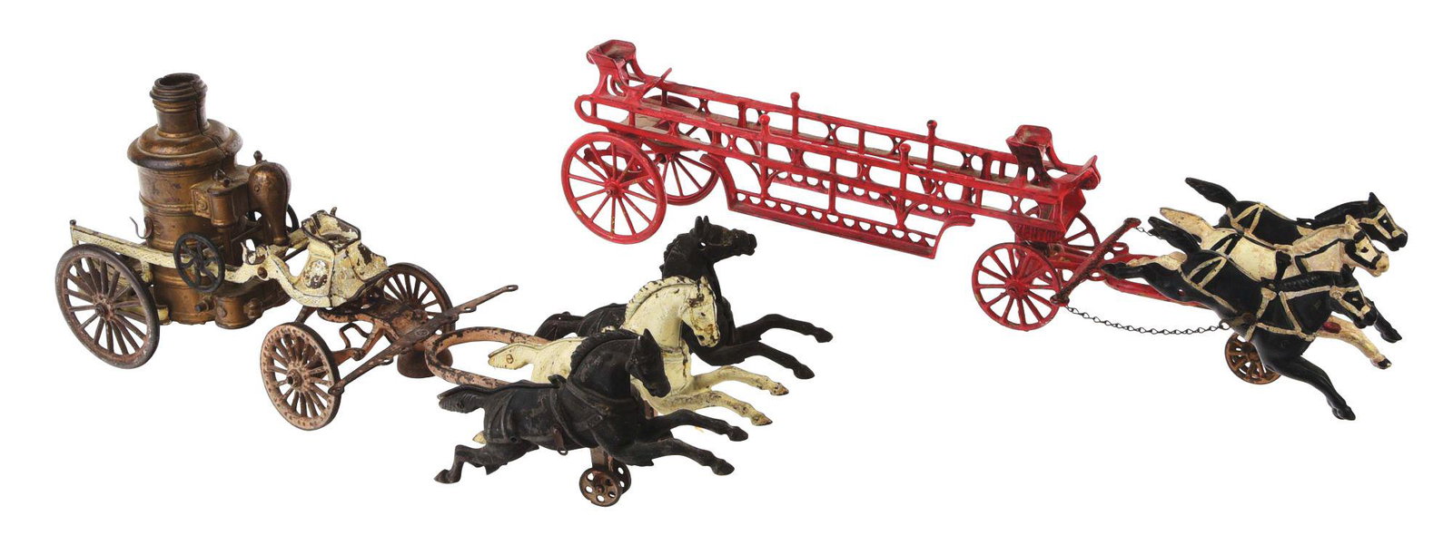 LOT OF 2: AMERICAN MADE HORSE-DRAWN FIRE PUMPER AND: Both are pulled by three articulated horses. Larger Pumper looks to be original with no drivers or riders included. Second Ladder Wagon also with no figures. CONDITION: Pumper has moderate to heavy we