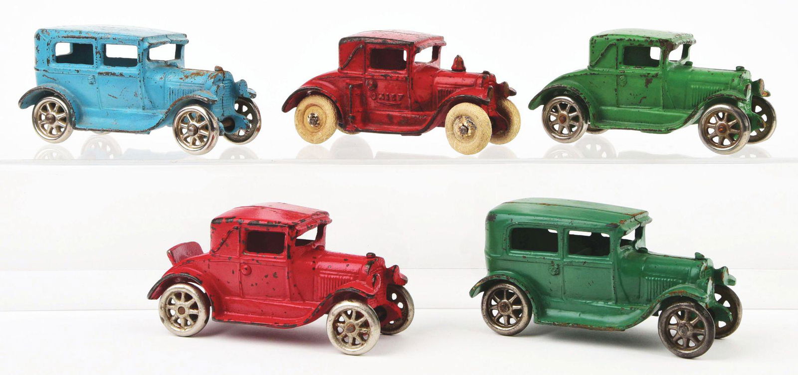 LOT OF 5: CAST-IRON ARCADE AUTOMOBILE TOYS. (1 of 2)