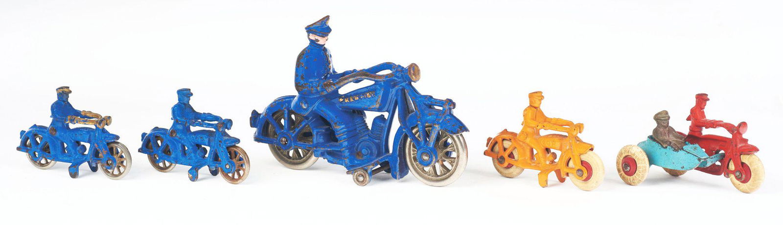 LOT OF FIVE CAST IRON MOTORCYCLES. (1 of 2)