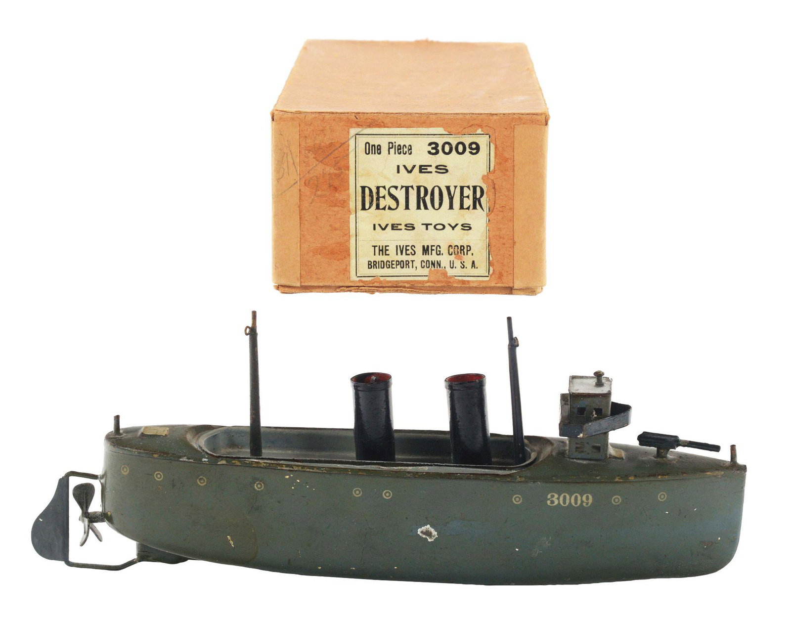 EARLY IVES PRE-WAR CLOCKWORK DESTROYER BOAT.: Includes rare original box. Nice paper label which says "No. 3009 IVES TOYS". Boat is also stenciled "3009" on both sides and has all portholes also stenciled on. Has both stacks on both masts, also h