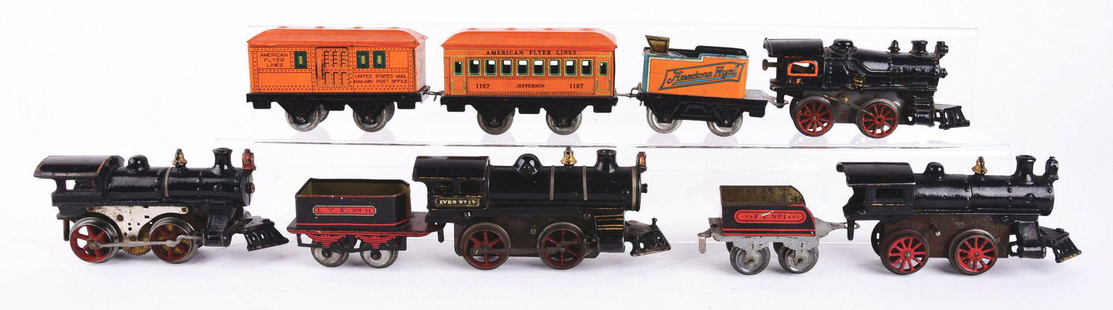 NICE EARLY IVES AND AMERICAN FLYER O GAUGE TRAIN LOT. (1 of 2)