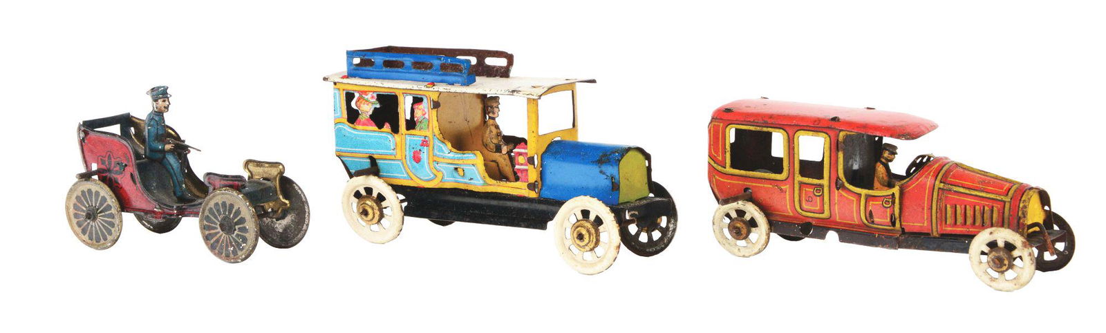 LOT OF 3: GERMAN TIN-LITHO FLYWHEEL PENNY TOY AUTOS. (1 of 3)
