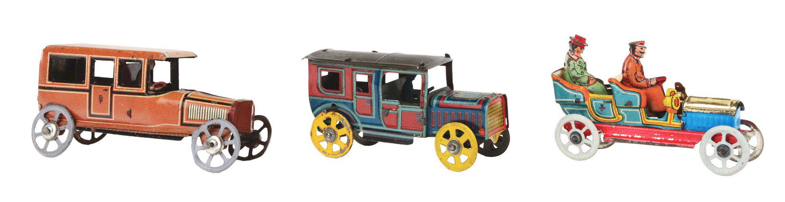 LOT OF 3: GERMAN TIN-LITHO PENNY TOY AUTOMOBILES. (1 of 3)
