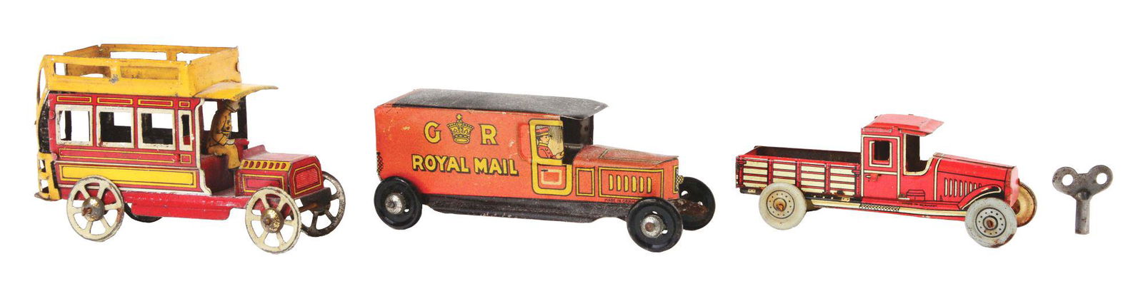 LOT OF 3: GERMAN TIN-LITHO BUS AND TRUCK PENNY TOYS. (1 of 3)