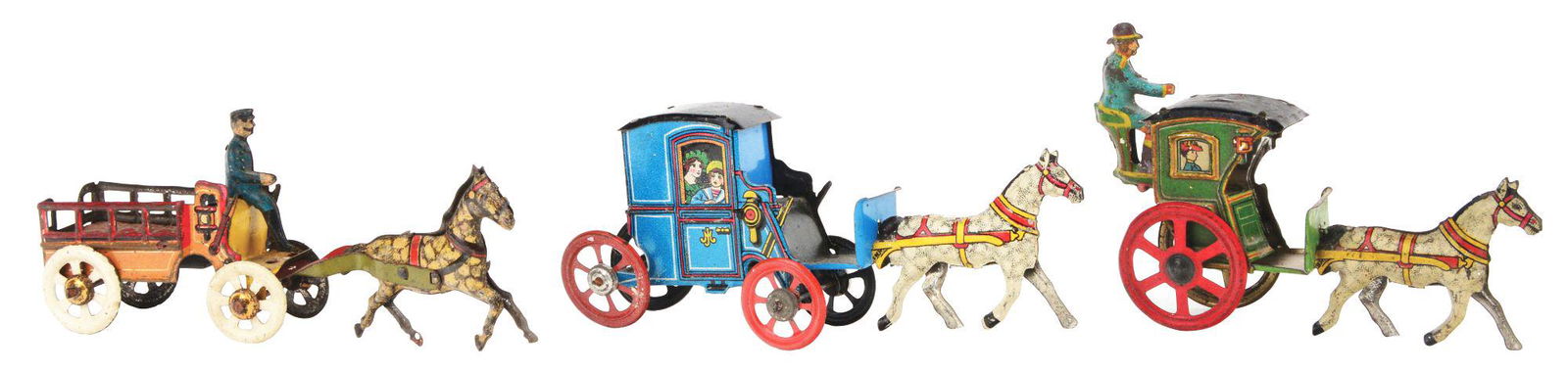 LOT OF 3: GERMAN TIN-LITHO HORSE-DRAWN PENNY TOYS. (1 of 3)