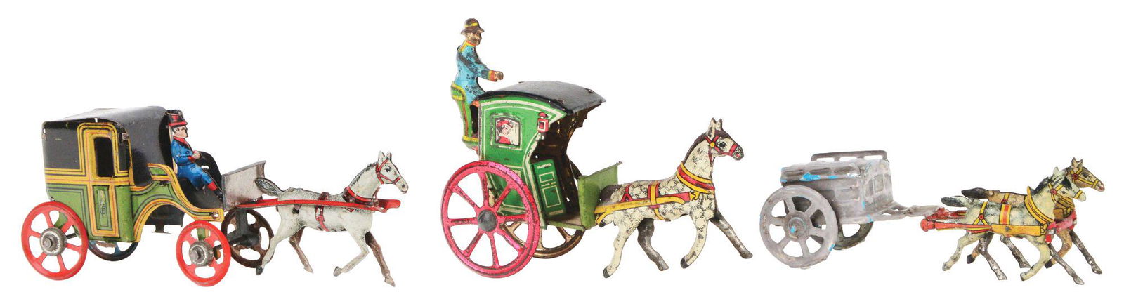LOT OF 3: GERMAN TIN-LITHO HORSE-DRAWN PENNY TOYS. (1 of 3)