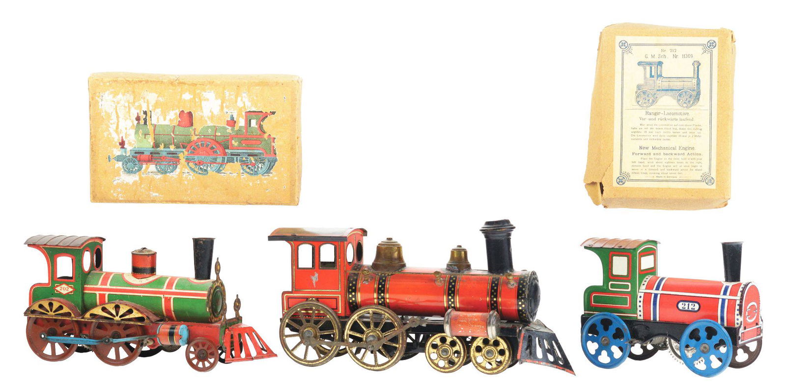 LOT OF 3: GERMAN TIN-LITHO WIND-UP TRAIN ENGINE TOYS. (1 of 5)