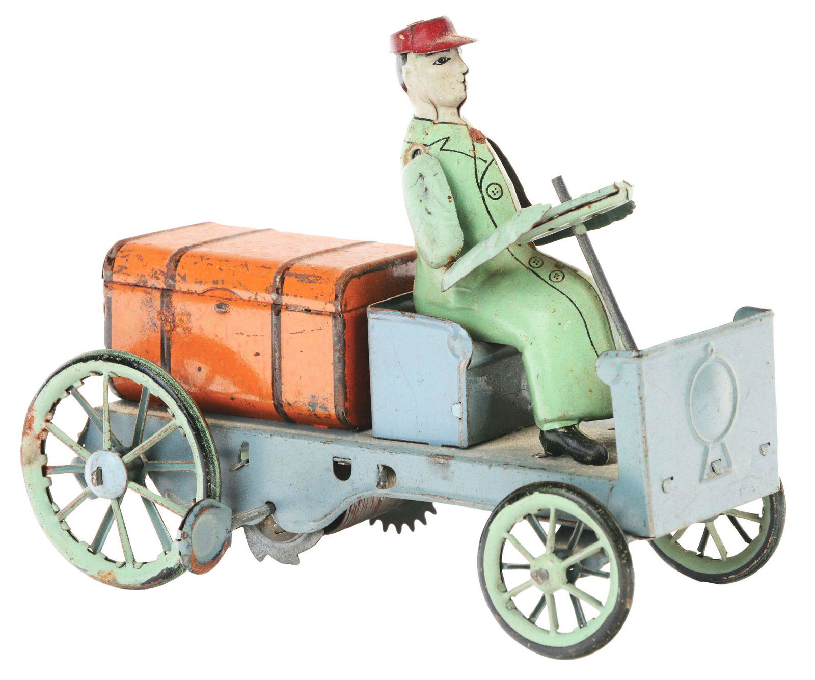 GERMAN TIN-LITHO WIND-UP MAN DRIVING BAGGAGE CART TOY. (1 of 3)