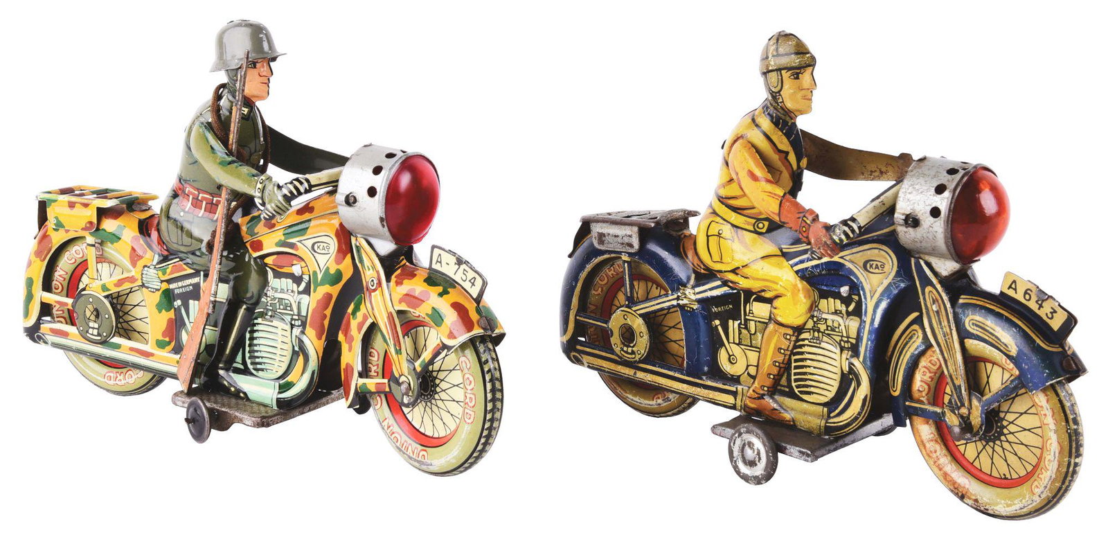 LOT OF 2: GERMAN TIN-LITHO WIND-UP MOTORCYCLE TOYS.: One is a Civilian Rider, marked "KAO" on both sides of gas tank and marked "Foreign" underneath driver. Second is a Military Cycle, with a German soldier with helmet and rifle. Tin-litho tires marked 