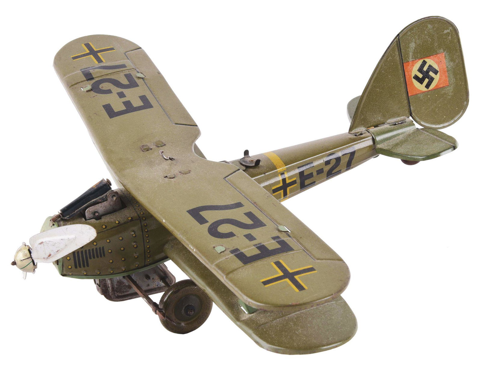 GERMAN PRE-WAR TIN-LITHO BIWING AIRPLANE.: Unmarked, but probably Tippco. Marked E-27 on wings. Also has Iron Cross on both wings and Nazi insignia on back tail fin. Front gun needs flint to spark. Nice litho. Marked Dunlop balloon cord on tir