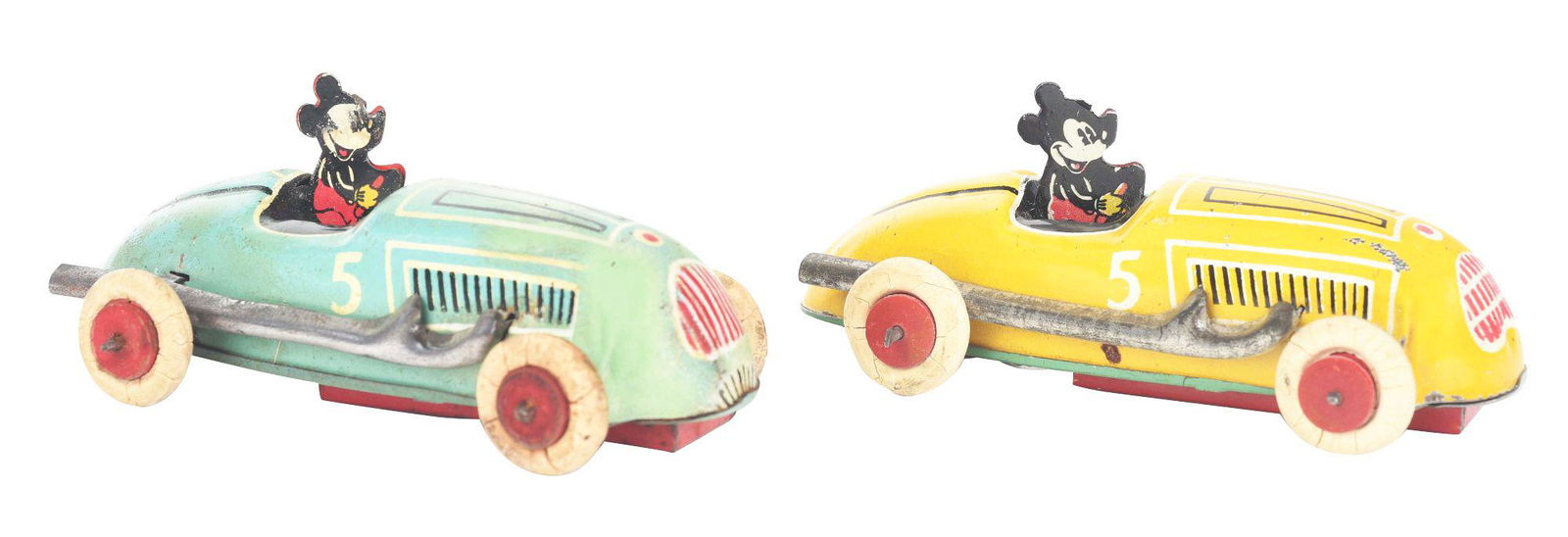 LOT OF 2: AMERICAN MADE TIN-LITHO WIND-UP WALT DISNEY: Originally came from a set. There are two No. 5 cars, one green and one yellow, with identical Mickey drivers and rubber tires with wooden hubs. CONDITION: Shows some general wear, but overall very go