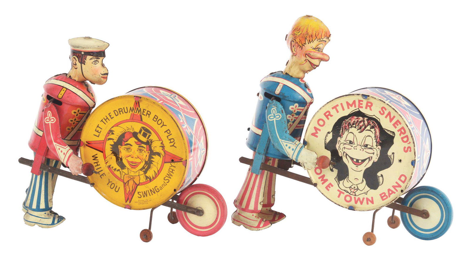 LOT OF 2: MARX TIN-LITHO WIND-UP HOMETOWN BAND TOYS.: Both are the same toy with different lithography. One is Mortimer Snerd's Hometown Band, shows Charlie McCarthy's pal banging on a tin drum. Second is George the Drummer Boy. Both have some scratching