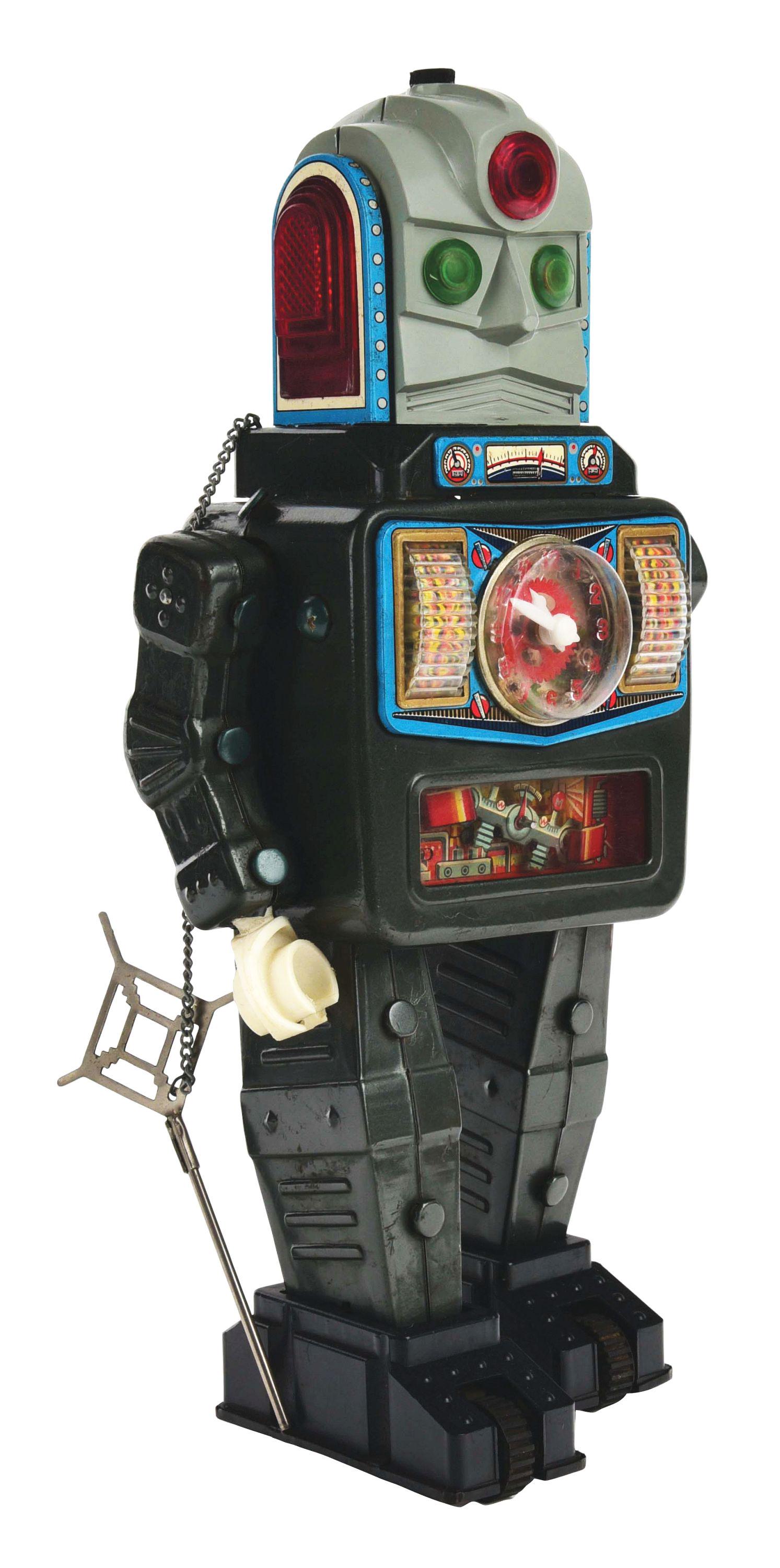 JAPANESE TIN-LITHO BATTERY-OPERATED MOON EXPLORER: Made by Alps, distributed by Roscoe. Part of a series of three, including Missile Man, Rocket Man and the Space Explorer with same plastic robot head, same antenna metal antenna as television robot an