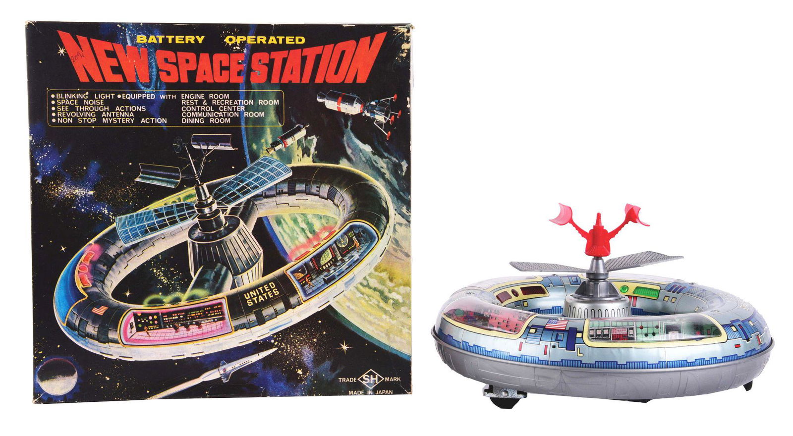 JAPANESE TIN-LITHO BATTERY OPERATED SPACE STATION TOY. (1 of 4)