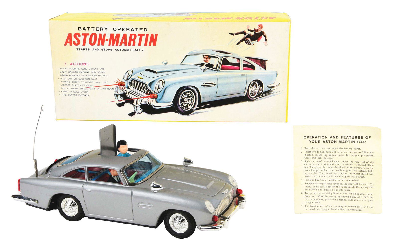 JAPANESE BATTERY-OPERATED ASTON-MARTIN JAMES BOND-LIKE: Crisp original box shows man in tuxedo - but not Sean Connery look-alike - driving and ejecting the passenger. Complete with Styrofoam inserts and operation sheet. Version most likely made after they 