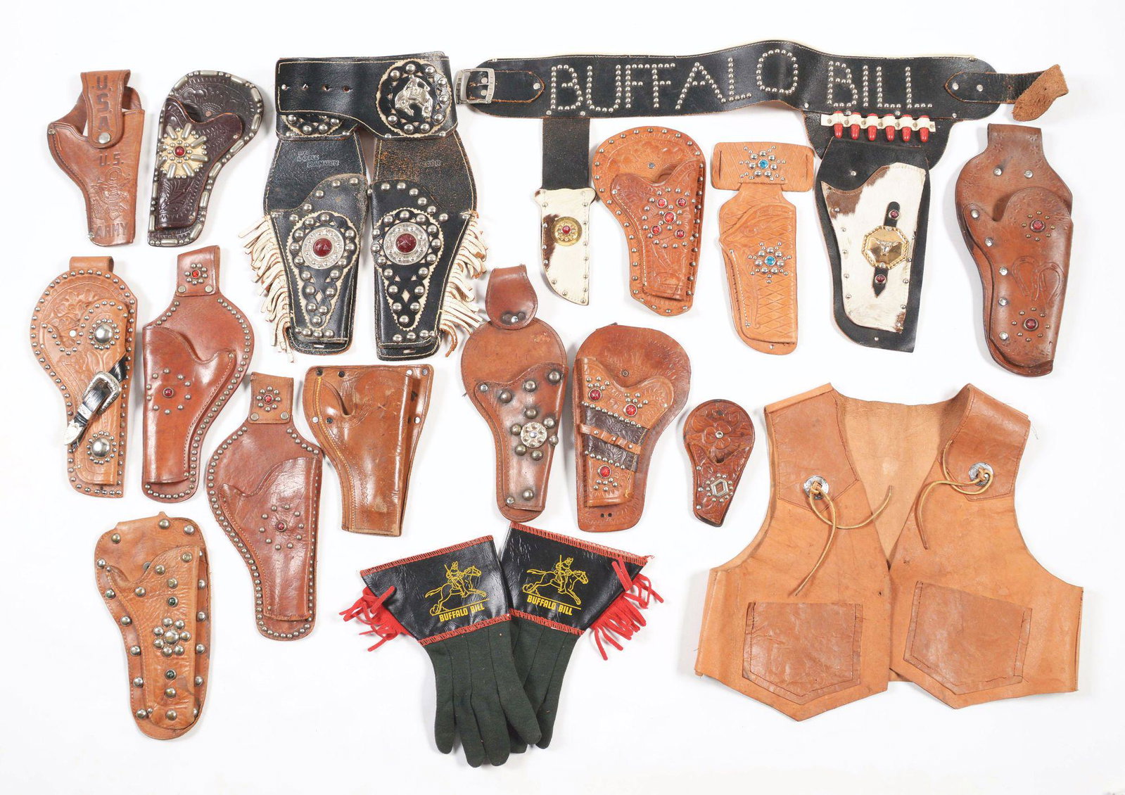 LOT OF APPROXIMATELY 25 VARIOUS SINGLE AND DOUBLE: One pair of leather chaps, a pair of cowboy gloves marked "Buffalo Bill", approximately six belts and bandoliers and three boxes of various caps and ammunition, mostly unopened. CONDITION: Varies, but