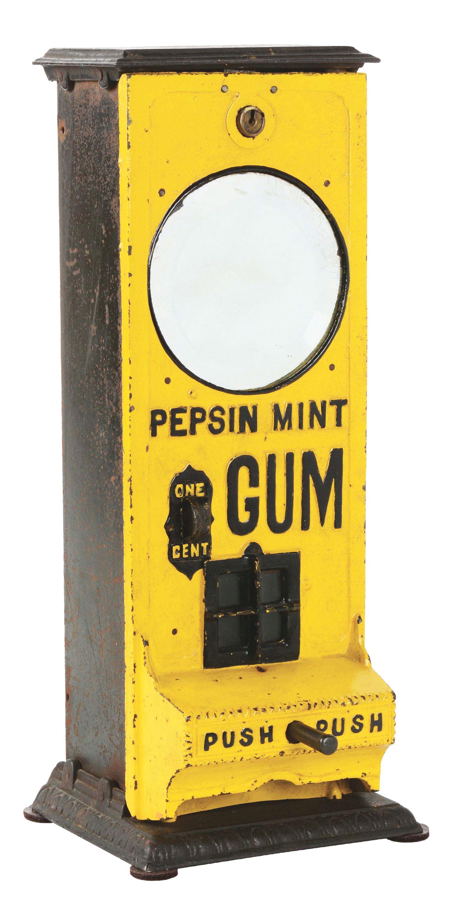 1¢ CAST-IRON PEPSIN MINT GUM VENDOR.: This Pepsin Mint Gum Vending machine was believed to have been made by the Columbus Vending machine Co. It is very similar to their early Model G or Model L, except this machine has a mirror where the
