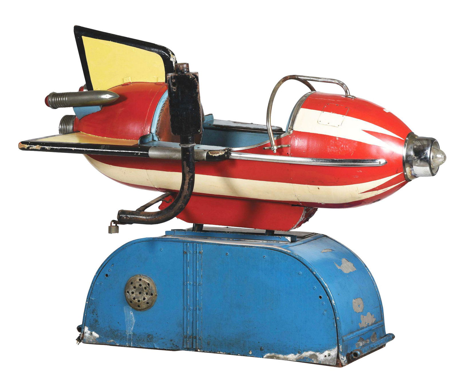 COIN-OPERATED "EDWIN HALL & COMPANY" ROCKET KIDDIE: An exciting children's amusement ride in the shape of a rocket ship with missiles on either side, a large headlight, and three red taillights. Sturdy construction in original paint and an excellent ca