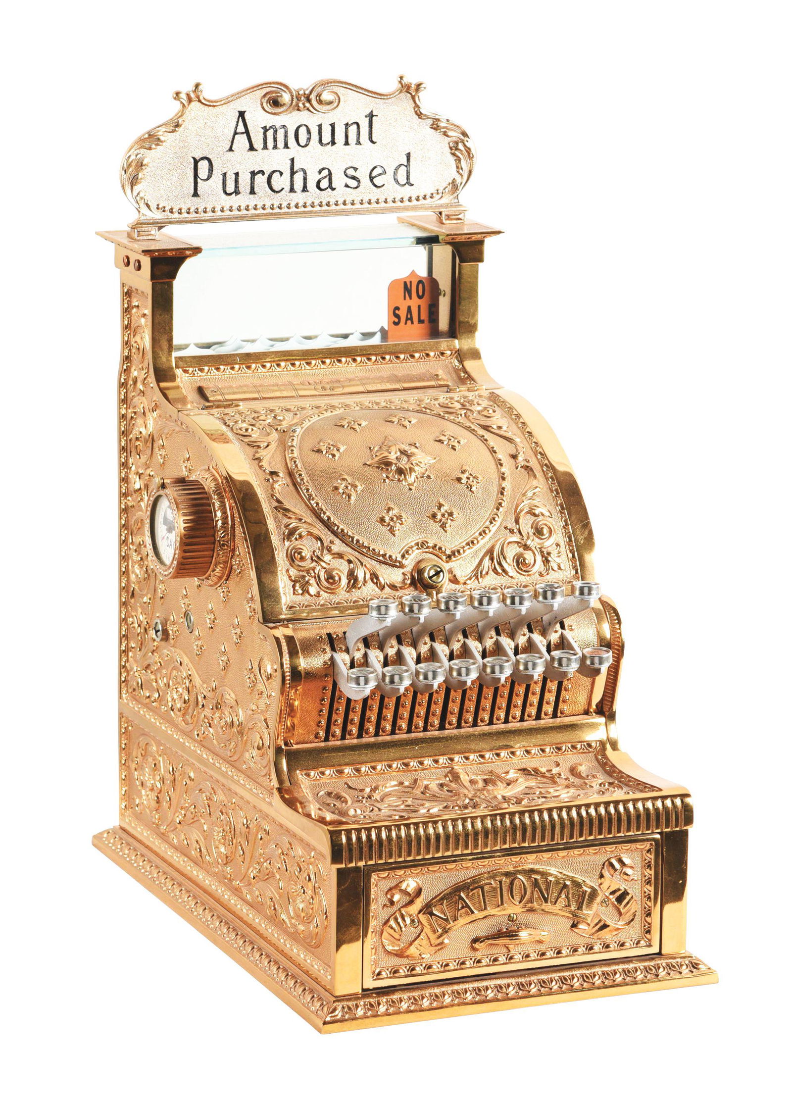 NATIONAL CASH REGISTER CO. MODEL #50.: National Cash Register Co. model #50 with original "AMOUNT PURCHASED" top sign and side-mounted clock is restored, made of bronze and has serial number 137580. This is not a standard shippable item an