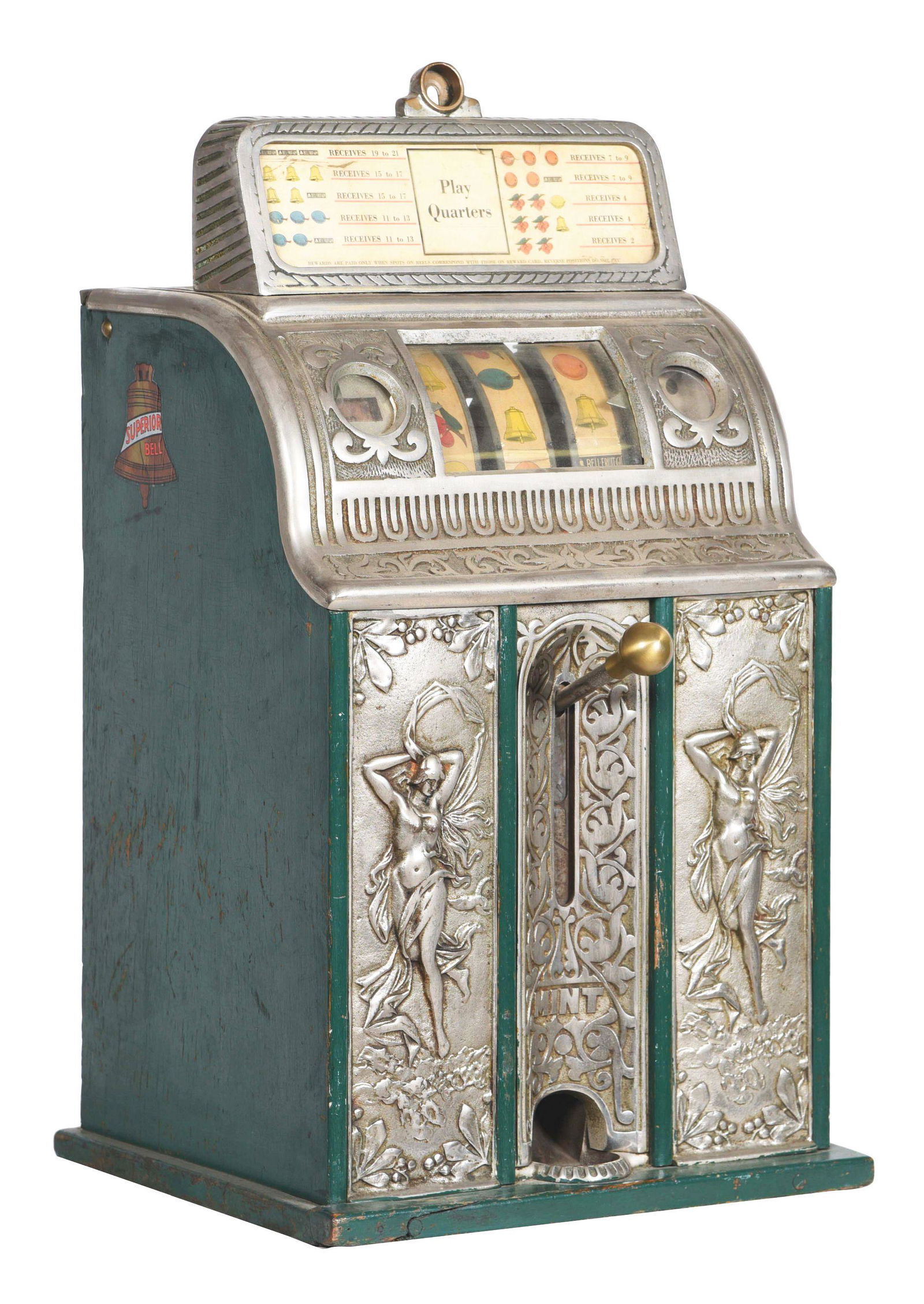 25¢ CAILLE BROS. CENTER PULL VICTORY BELL NUDE BELL: A very nice example of a center pull slot machine produced by Caille Bros. in the 1920's. This desirable 25¢ model features the "Nude Front" design, where the center pull is flanked on either side by