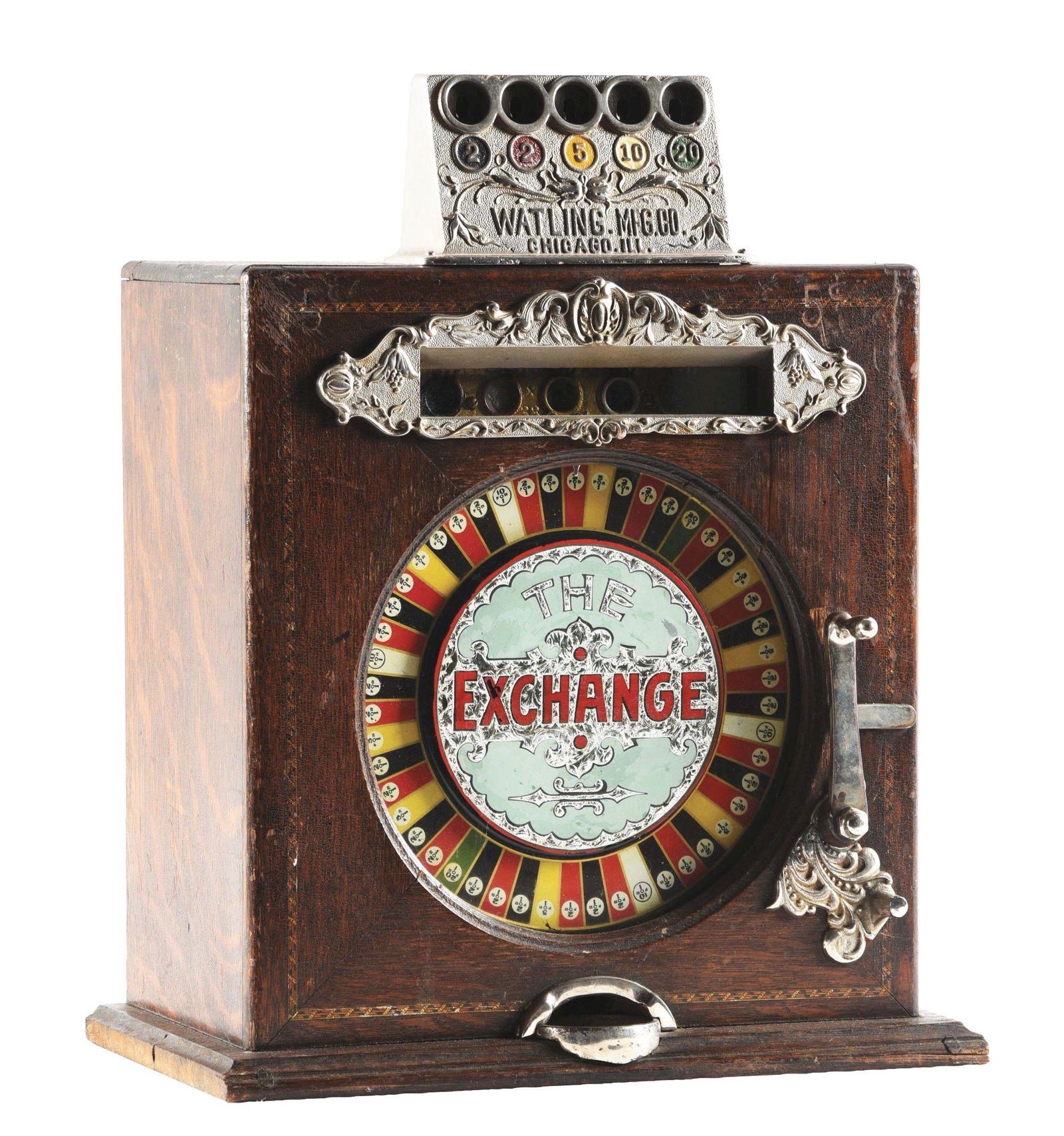 5¢ WATLING "THE EXCHANGE" SLOT MACHINE.: Produced in 1909 by Watling Manufacturing Co. This machine features five coin slots for the player to choose from and a colorful central wheel with a reverse-on-glass panel. The wood cabinet has taken