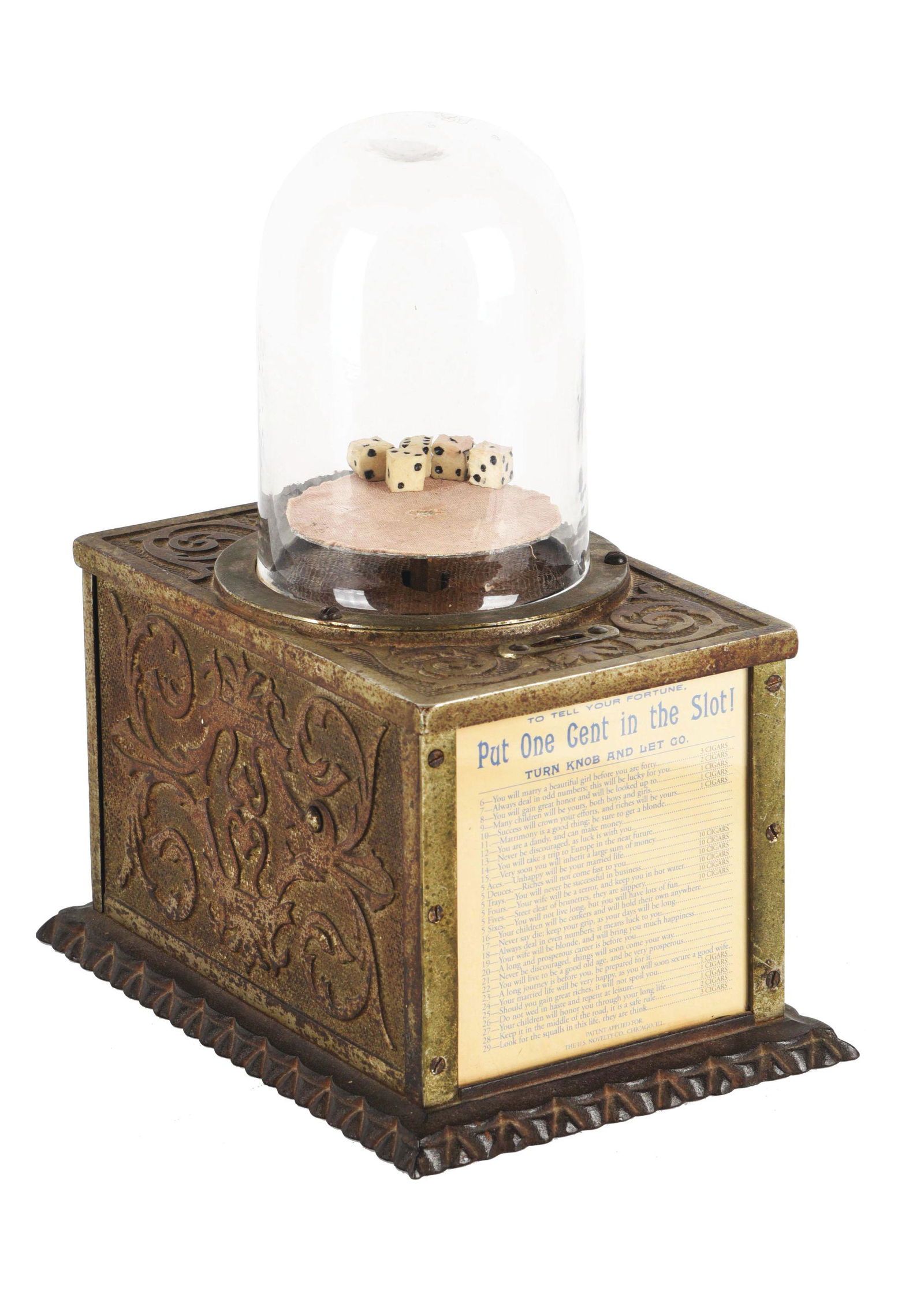 1¢ CAILLE "WINNER'S DICE" TRADE STIMULATOR.: An early dice popper manufactured by Caille. This gambling device has an elaborate cast-iron cabinet with original back door and dice globe. In all original nickel plating and a replaced award card. I