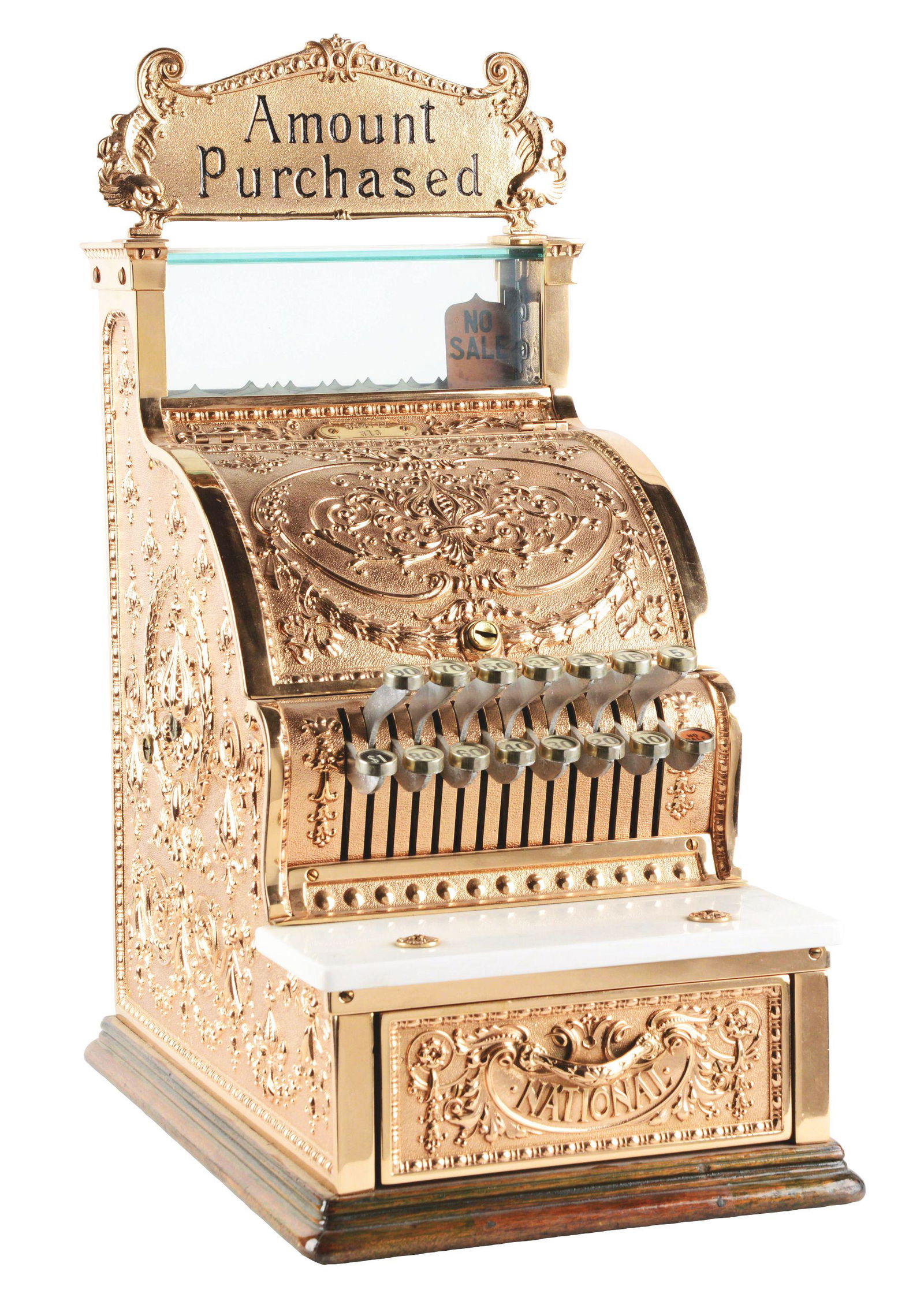 NATIONAL CASH REGISTER CO. MODEL #313.: National Cash Register Co. Model #313 is a restored red bronze candy store register with Dolphin pattern and original top sign reading "AMOUNT PURCHASED". Serial number 884777. This is not a standard