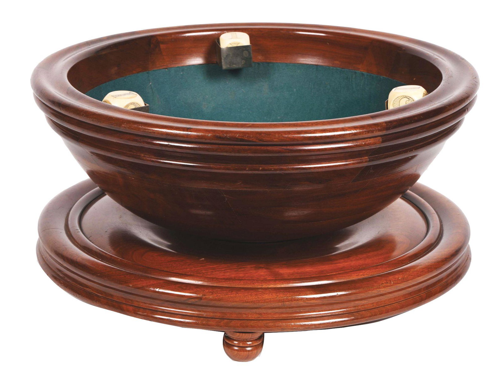 WOODEN TABLE TOP DICE GAME.: Mahogany finish with rotating dice bowl. Good early gambling device with original bone etched dice. Some scratches and scuffs throughout. Condition: (Very Good). Dimensions: 9 - 1/2" x 18 - 1/2" x 18 