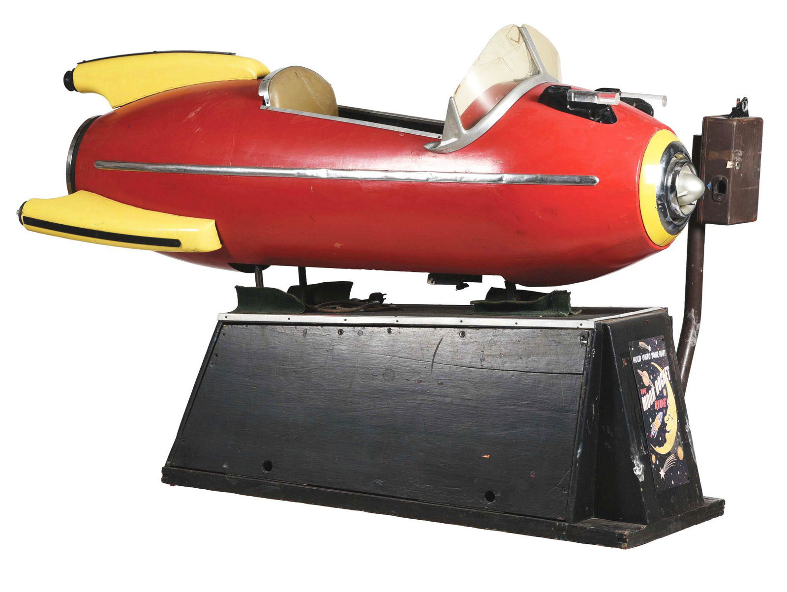 COIN OPERATED "BALLY SPACESHIP" KIDDIE RIDE.: A rare kiddie ride rocket ship in original condition. A fantastic piece when restored and a fun ride for the kids. Seldom seen and ready for a restoration. Complete and not working. This is not a stan