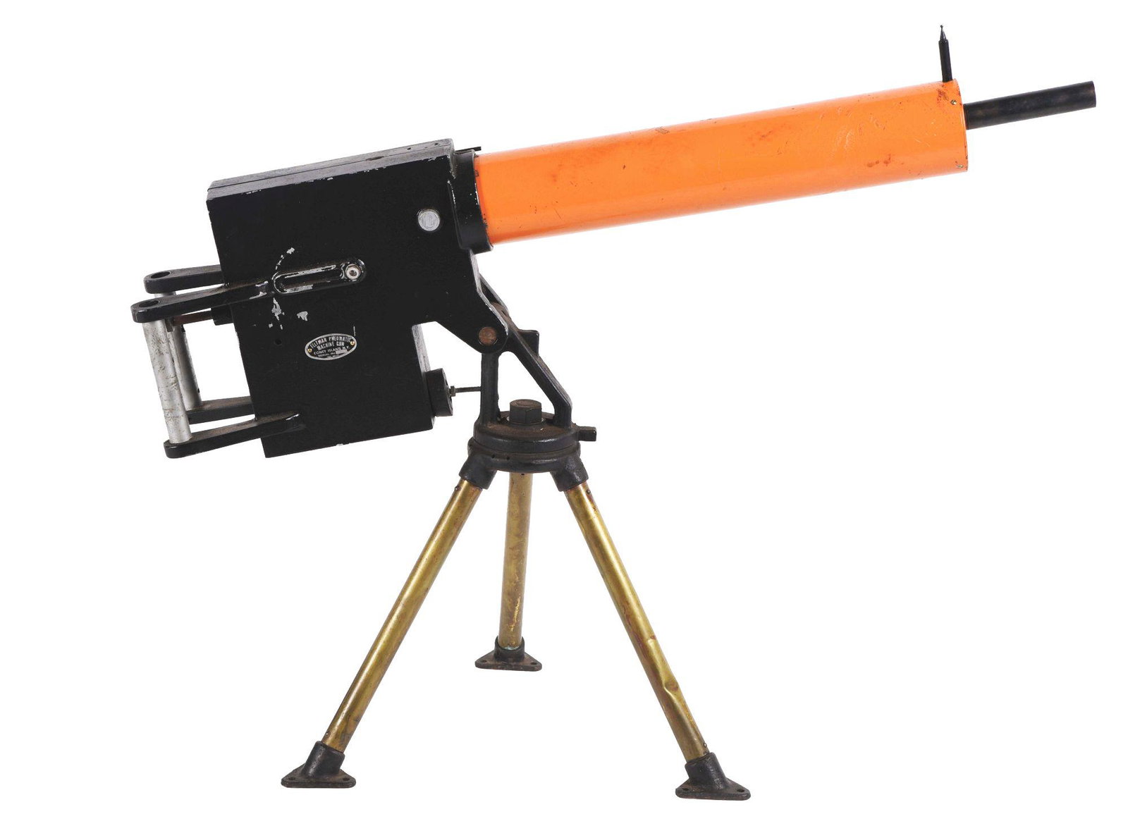 1939 FELTMAN PNEUMATIC "MACHINE GUN" BB SHOOTER.: This is a Feltman Coney Island pneumatic machine gun, patented June 1, 1939, patent #2,238,384. At .174 caliber steel BB, full automatic to 600 RPM at 300 FBS, 200 shot. This was the first product/mod