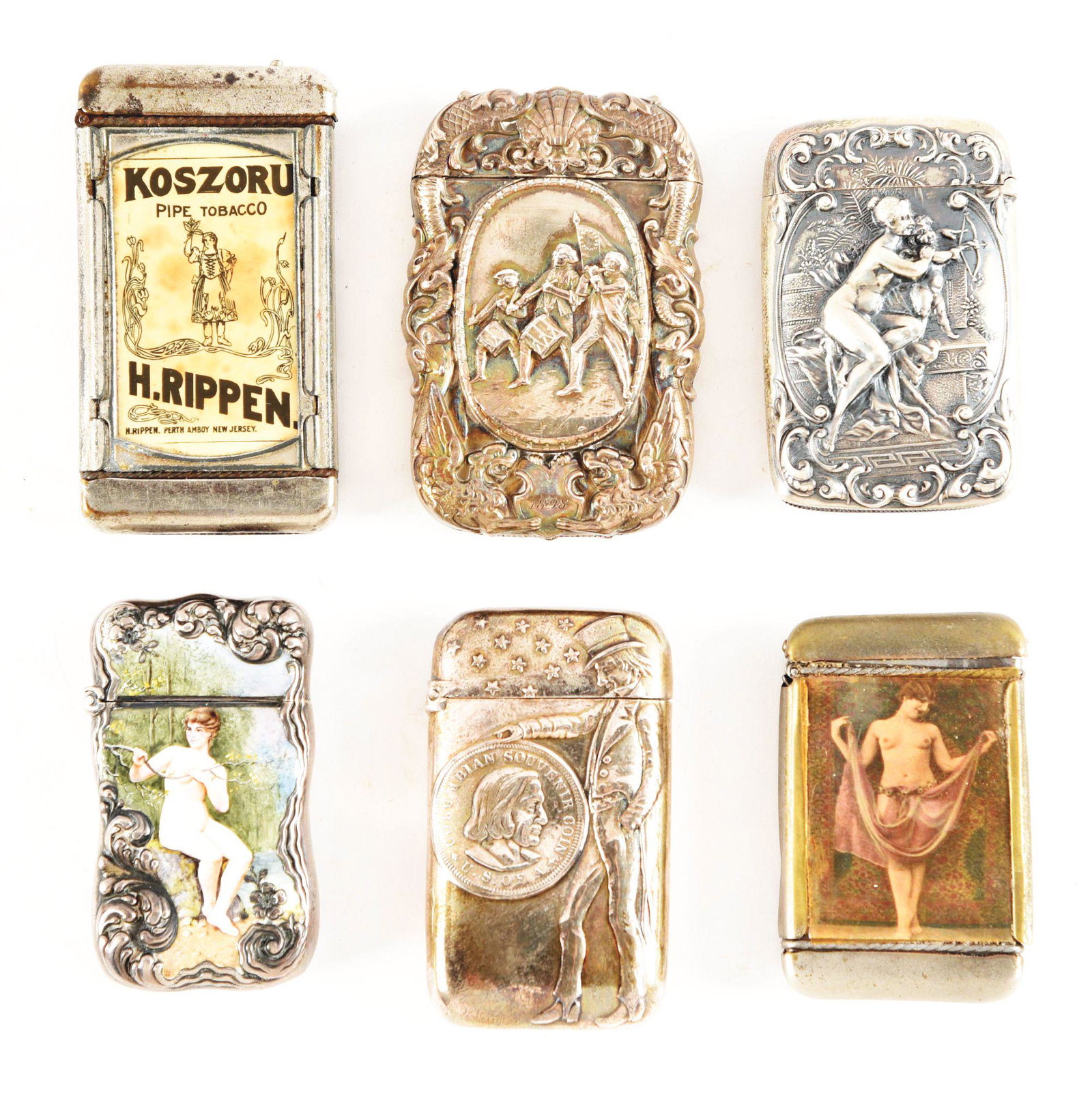 LOT OF 6: EARLY MATCH SAFES.: This is a lot of six early match safes, one with a picture of a nude woman for H. Ribbon pipe tobacco, one embossed with an eagle on the back and Uncle Sam on the front, one embossed with initials on 