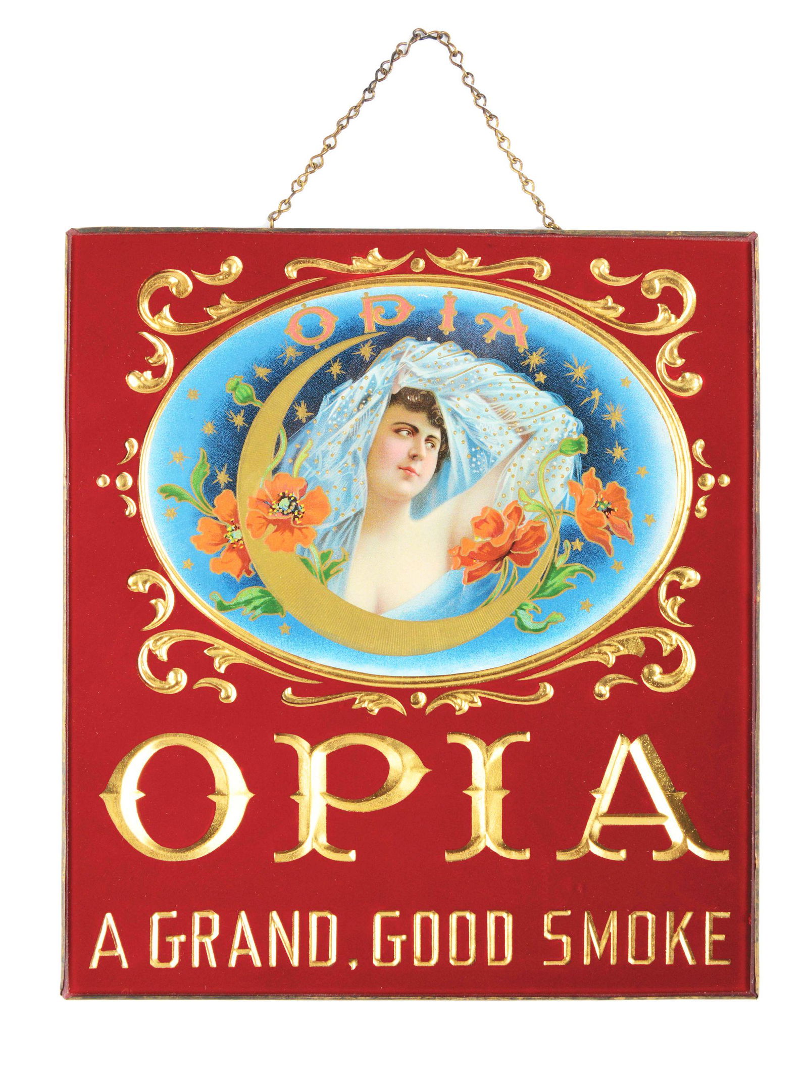 OPIA CIGAR "GRAND GOOD SMOKE" REVERSE GLASS SIGN. (1 of 3)