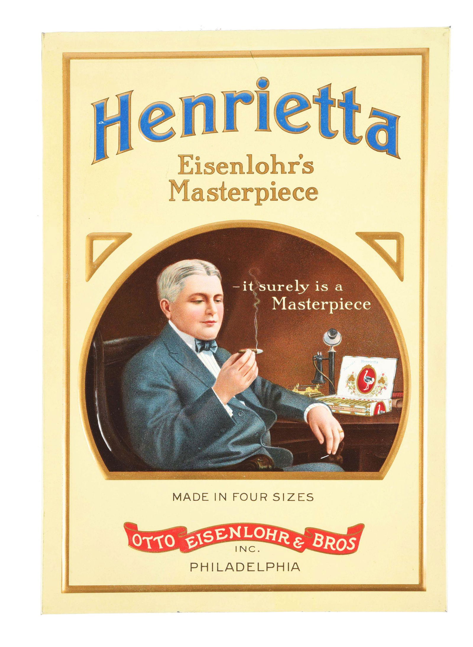 TIN OVER CARDBOARD HENRIETTA CIGAR SIGN. (1 of 2)
