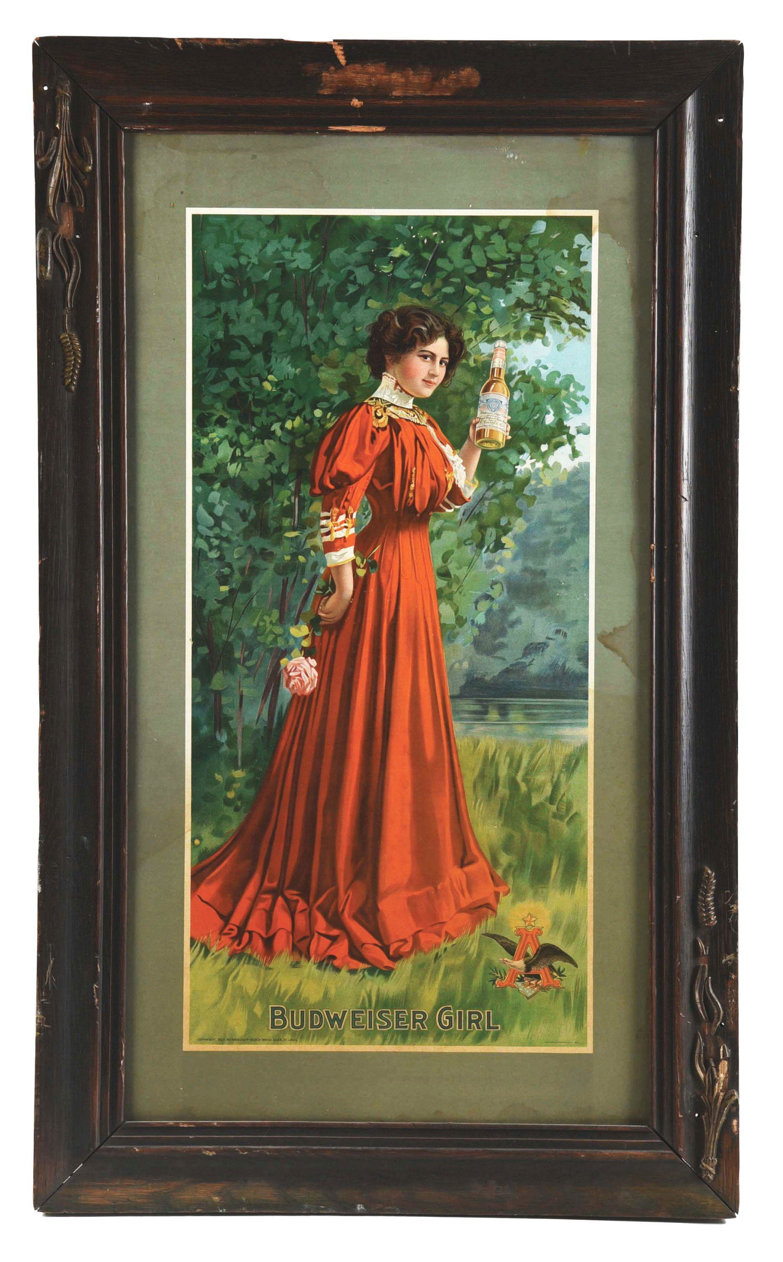 ANHEUSER BUSCH BUDWEISER GIRL LITHOGRAPH PAPER SIGN. (1 of 2)