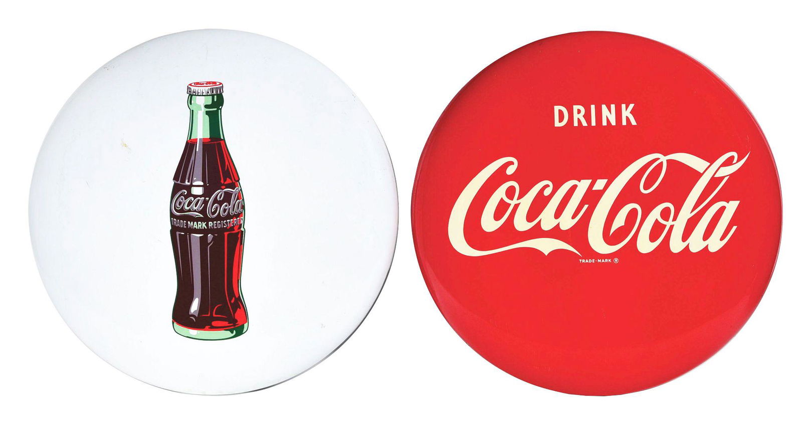 LOT OF 2: COCA-COLA TIN AND PORCELAIN BUTTON SIGNS. (1 of 2)