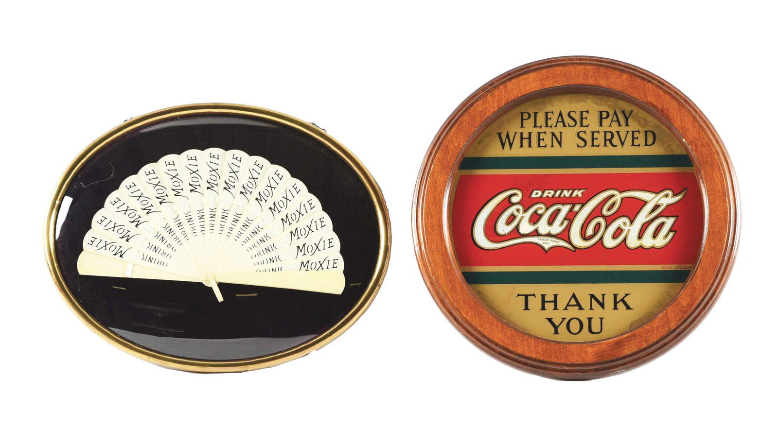 LOT OF 2: COCA-COLA GLASS SIGN AND MOXIE HAND FAN. (1 of 2)