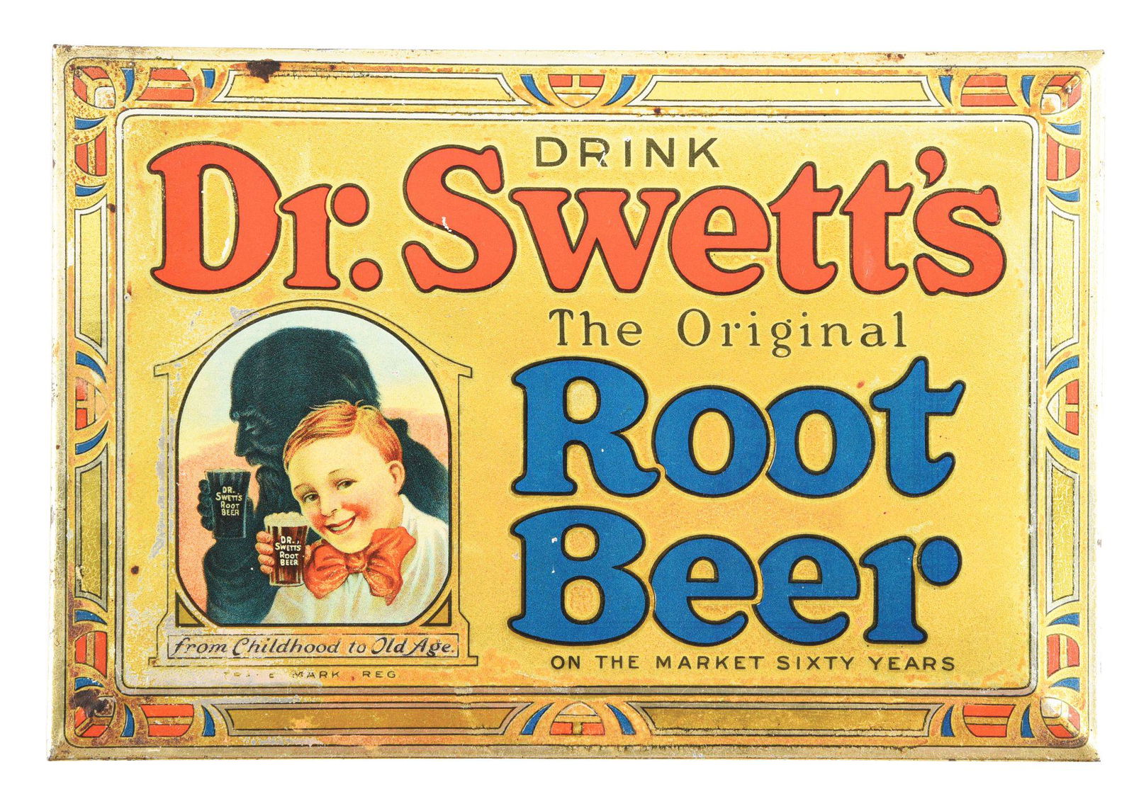 DRINK DR. SWETT'S TIN OVER CARDBOARD SIGN.: A very early tin over cardboard sign advertising Dr. Sweet's root beer. Bright graphics with a very colorful border depicting the sweets boy in the silhouette image of a man. A fantastic piece of earl