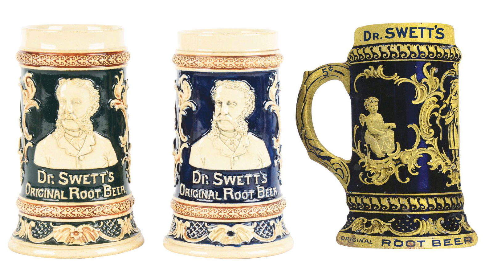 LOT OF 3: DR. SWETT'S ROOT BEER ITEMS.: Lot of three Dr. Swett's Root Beer items. First is a Dr. Swett's ceramic mug showing the cherubs in relief as well as a image of Dr. Swett's. Second is another Dr. Swett's ceramic mug, this one in gre