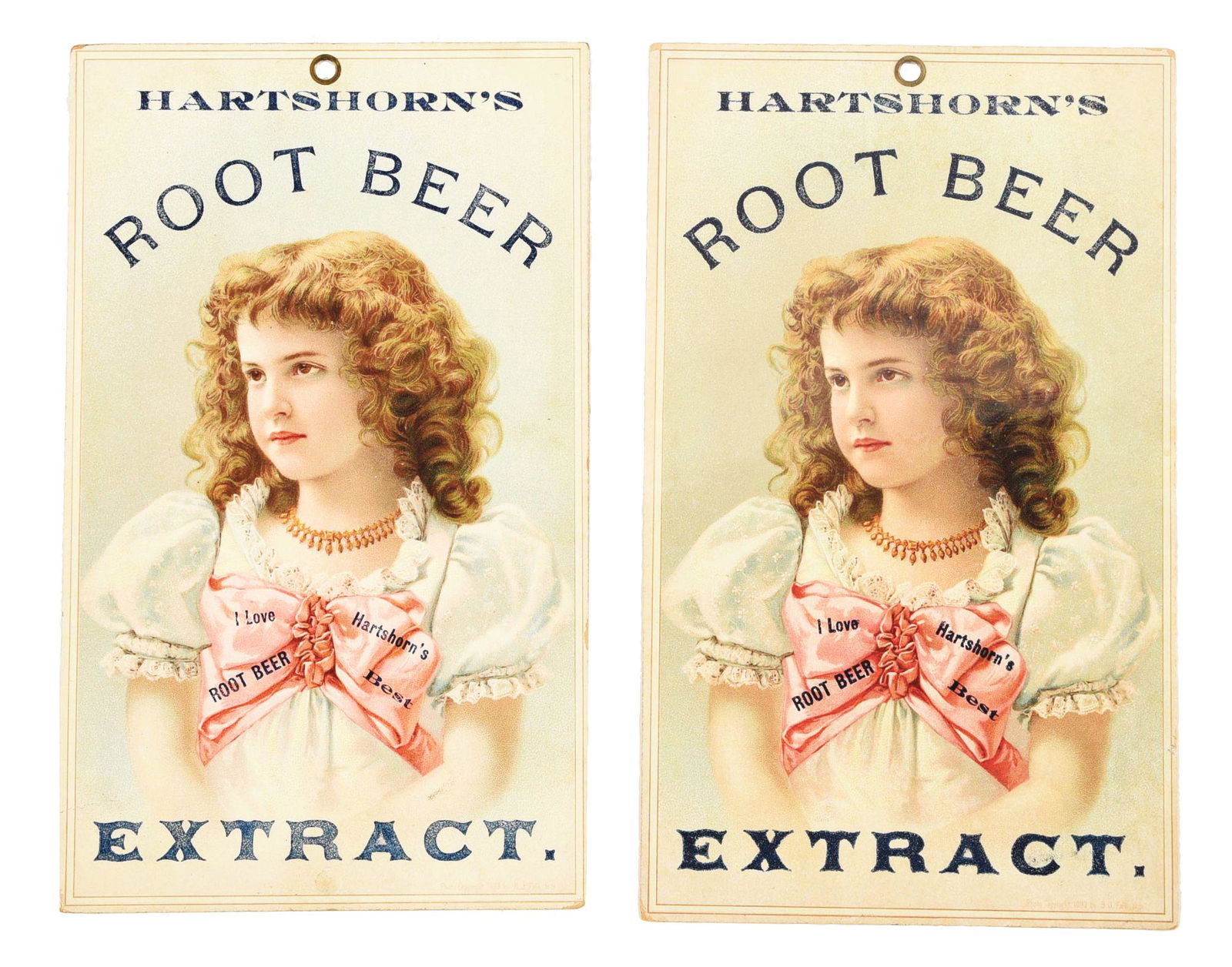 LOT OF 2: HARTSHORN'S ROOT BEER LITHOGRAPHED: This lot consists of two identical Hartshorn's Root Beer lithographed cardstock signs. Both retain their original brass mounting holes on the top. They are dated 1893. Fantastic colors and a great app
