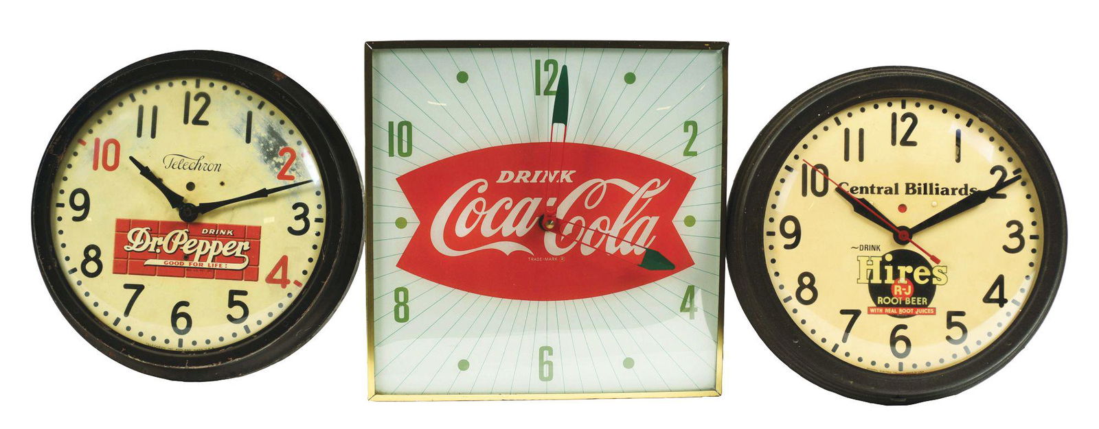 LOT OF 3: DR PEPPER, HIRES AND COCA-COLA CLOCKS. (1 of 2)