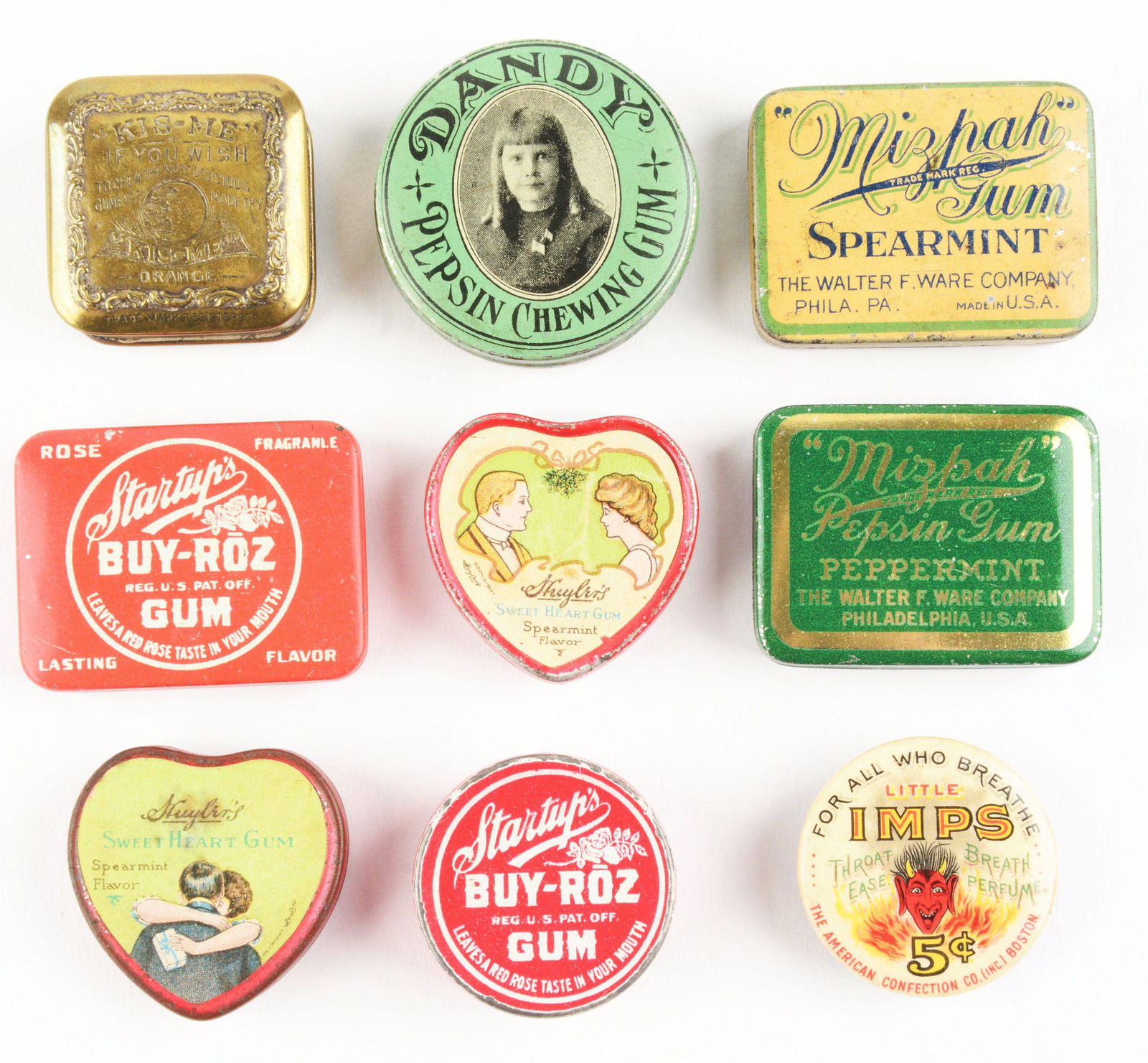 LOT OF 9: CHEWING GUM POCKET TINS.: Lot of nine chewing gum pocket tins in conditions ranging from 8.5 to 9.0. The list includes: Dandy Pepsin Chewing Gum, By-Roz Gum, Kis-Me Gum, two Huylers Sweetheart Gum, Mizpah Pepsin Gum, Mizpah Sp
