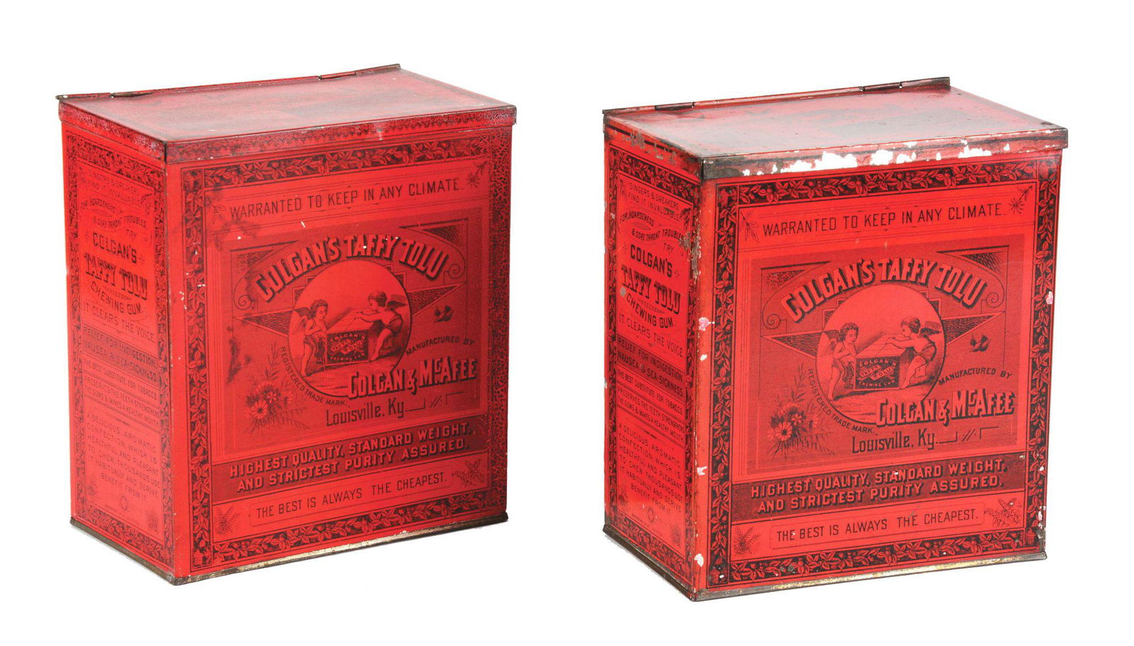 LOT OF 2: COLGAN'S CHEWING GUM TINS.: A pair of Colgan's Taffy Tolu Chewing Gum tins. The first shows signs of wear to the back panel. The front panel has some foxing and very bright colors. There is fading to the top cover as well as fad