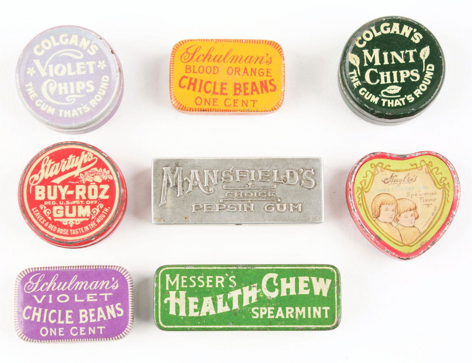 LOT OF 8: GUM TINS.: This is a lot of eight chewing gum pocket tins of varying conditions, from 7.5 to 9.0. List includes a Sweetheart Chewing Gum tin, two Colgan's Mint Chips, one mint and one violet, a Schulman's Blood