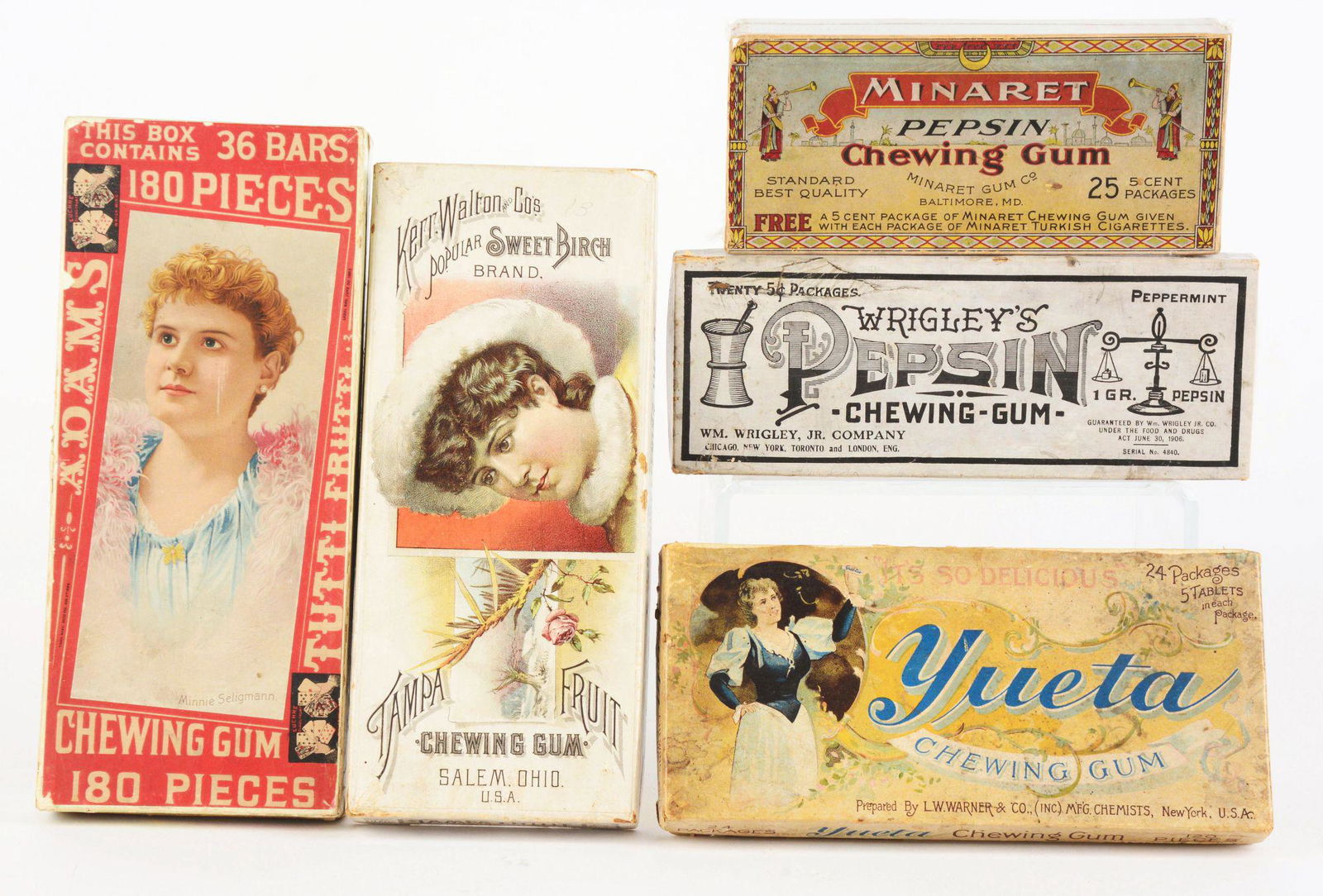 LOT OF 5: CHEWING GUM PRODUCT BOXES.: Lot of five chewing gum product boxes. First is a product box for Kerr Walton Sweet Birch Brand Tampa Fruit Chewing Gum. Box is intact with a great graphic of a pretty girl on the front, signs of wear