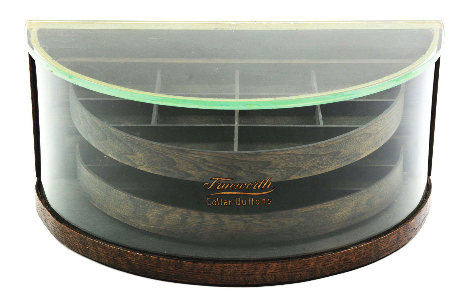 TRUEWORTH COLLAR BUTTON DISPLAY CASE.: A very rare collar button display case for "Trueworth" collar buttons. All original glass including the curved glass front with interior lazy-susan type wooden shelf that rotates out of the glass case
