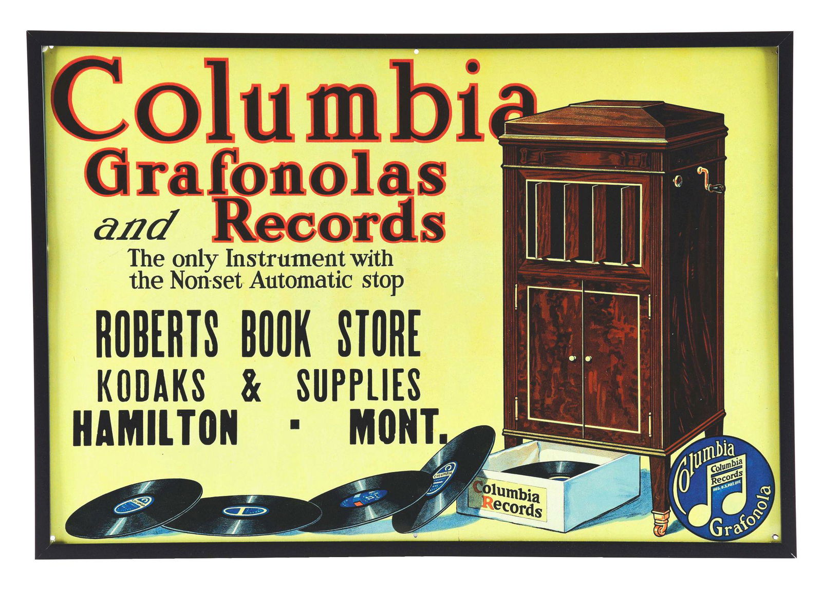 NEW OLD STOCK TIN DEALER SIGN FOR COLUMBIA GRAPHANOLA. (1 of 2)