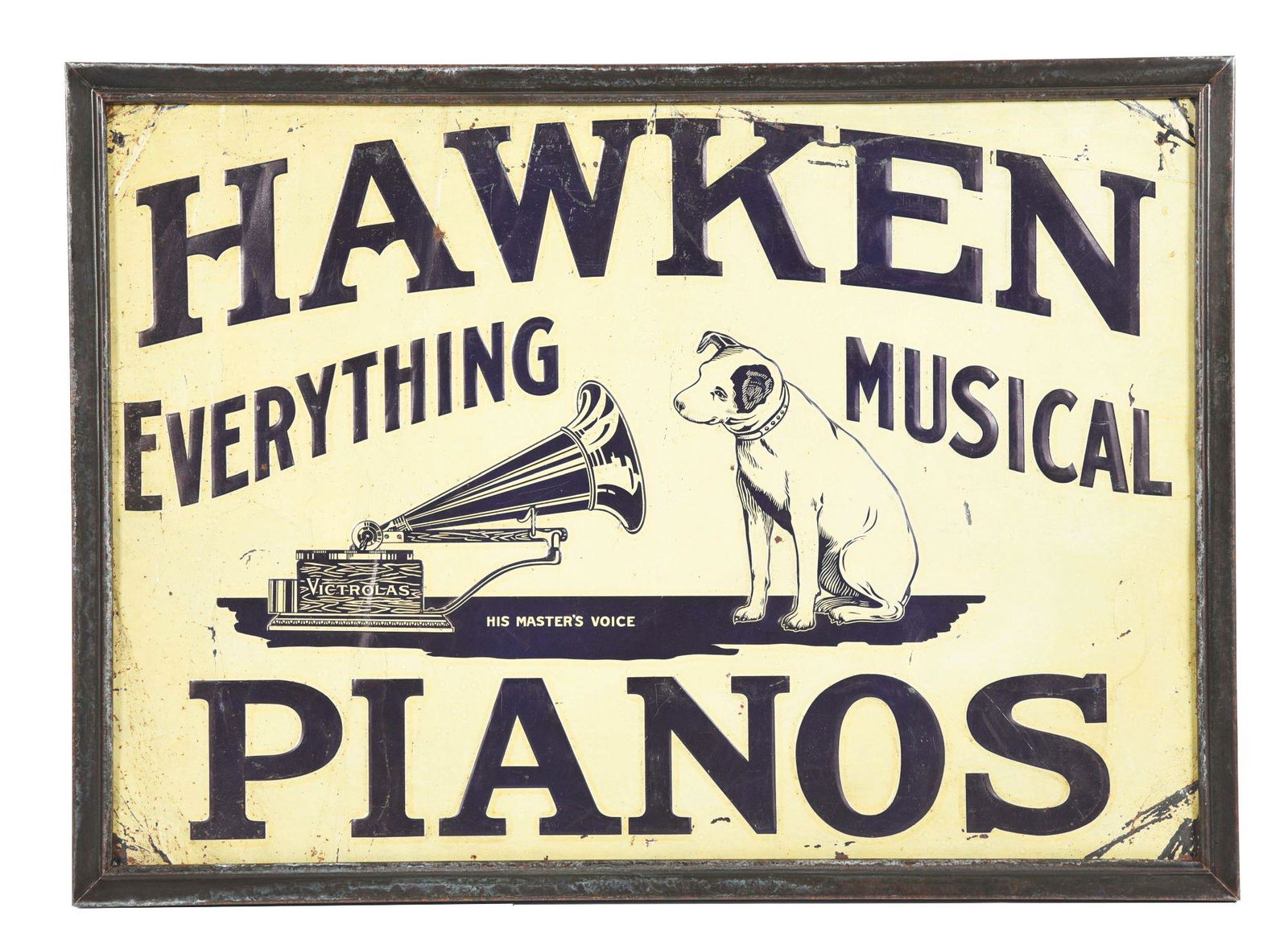 EXTREMELY RARE EMBOSSED TIN SIGN FOR HAWKEN PIANOS. (1 of 2)